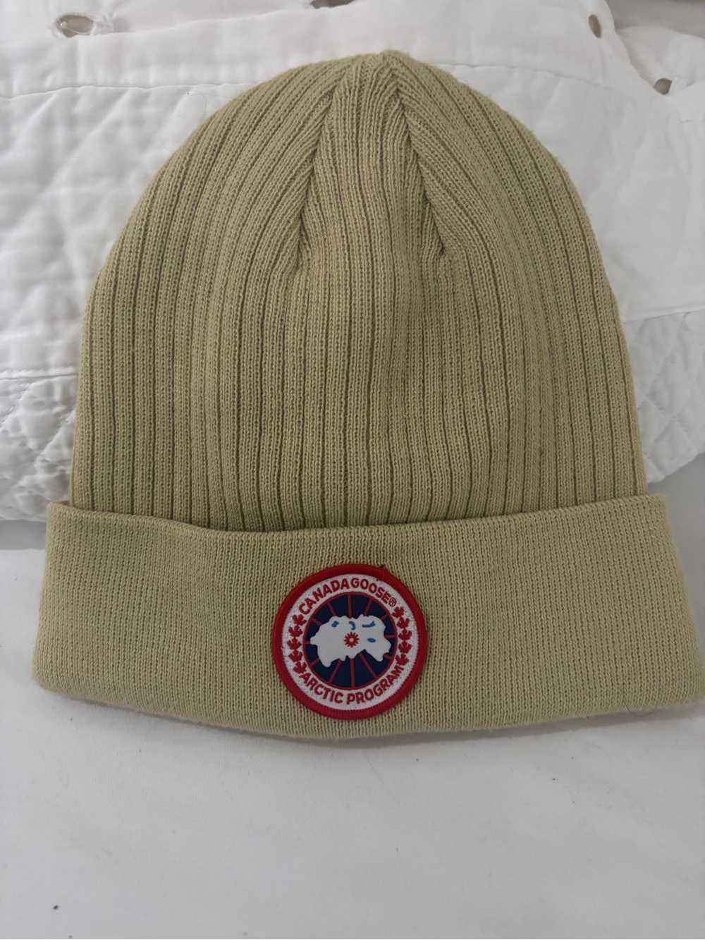 Canada Goose Beige Ribbed Cuff Beanie with Logo Patch